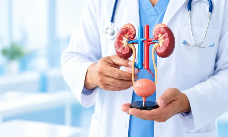 Böbrek ve idrar yolları modelini tutan doktor